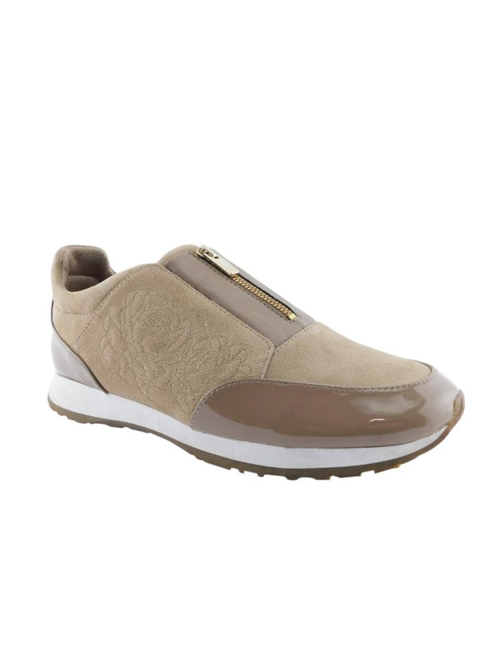 TARYN ROSE Beige Nude Floral Embroidery Suede Leather Zip-up Flat Sneakers 10
